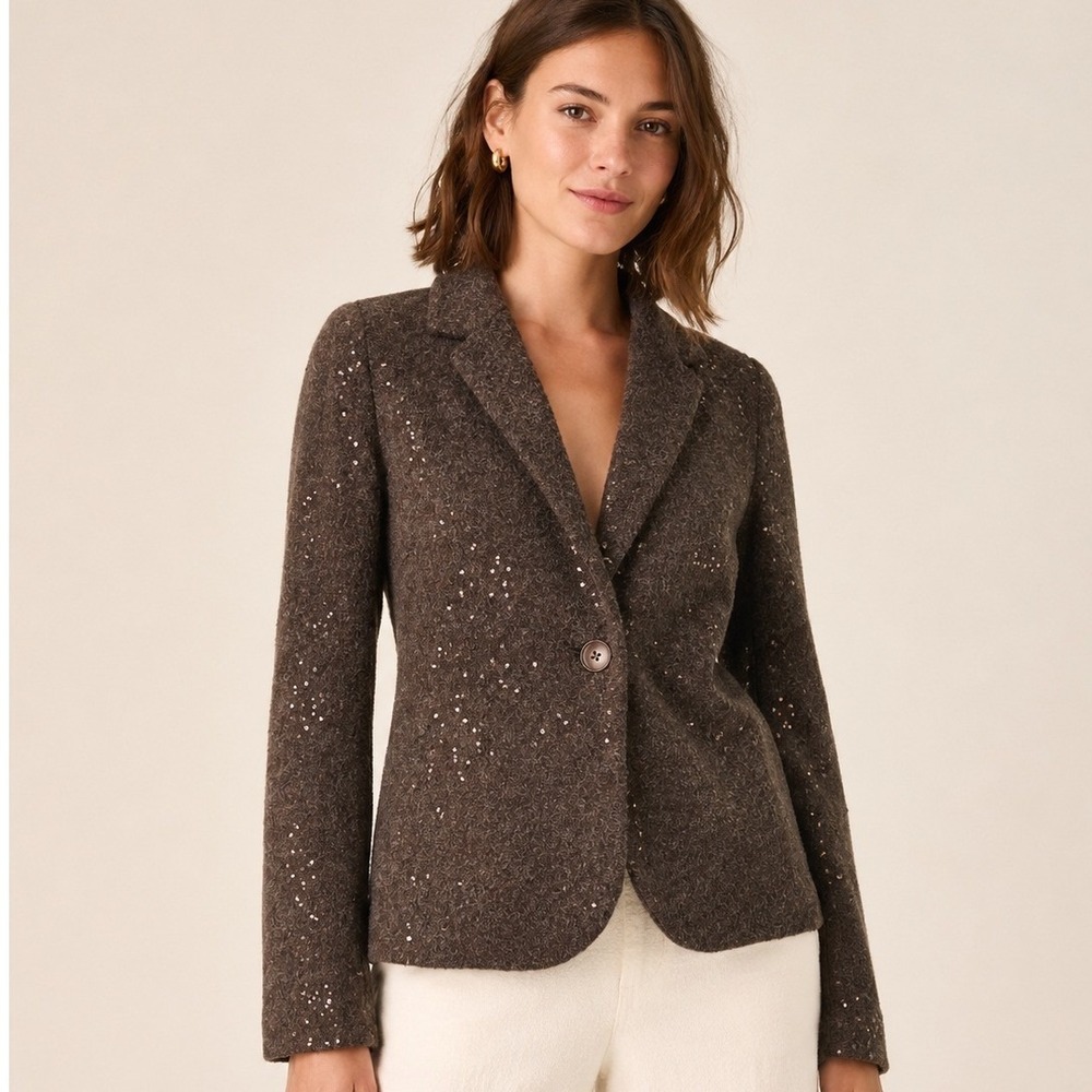 J.Jill Women Sequin Wool Blend Knit Blazer Jacket S Petite Brown Sparkle Office